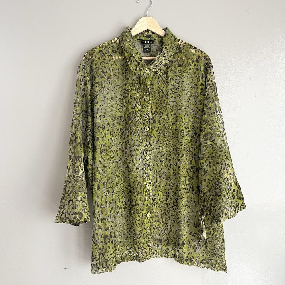 ELCC Burnout Top Button Blouse Tribal Animal Print Rayon Flax Blend 3X NWT